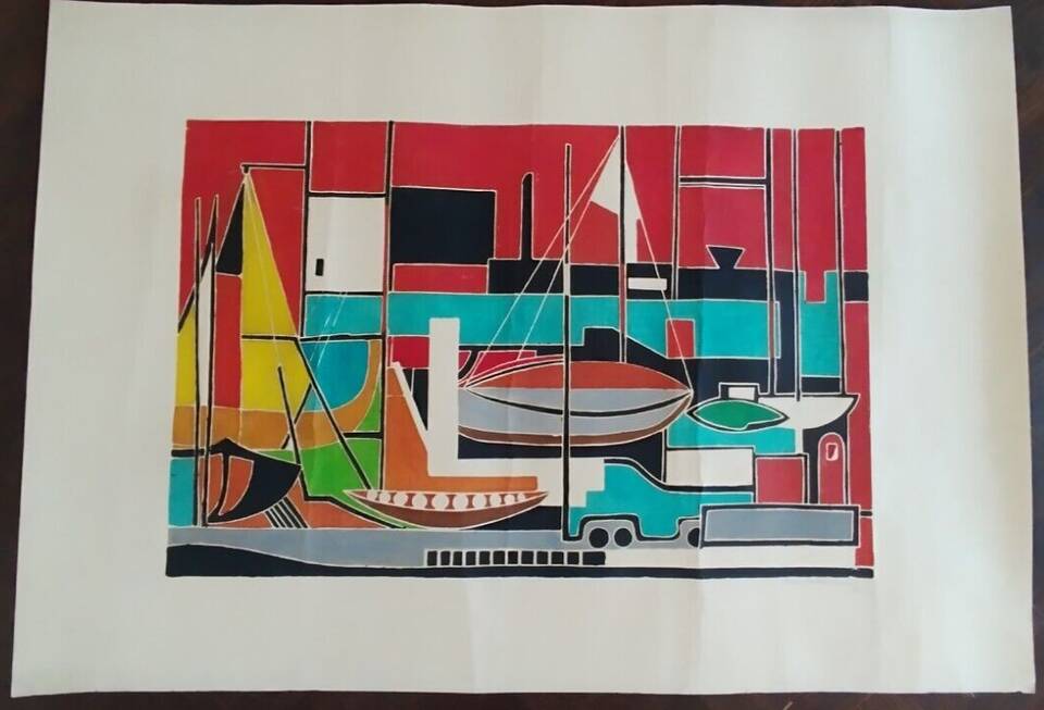 Gouache on paper signed mid-20th century boats port 1959