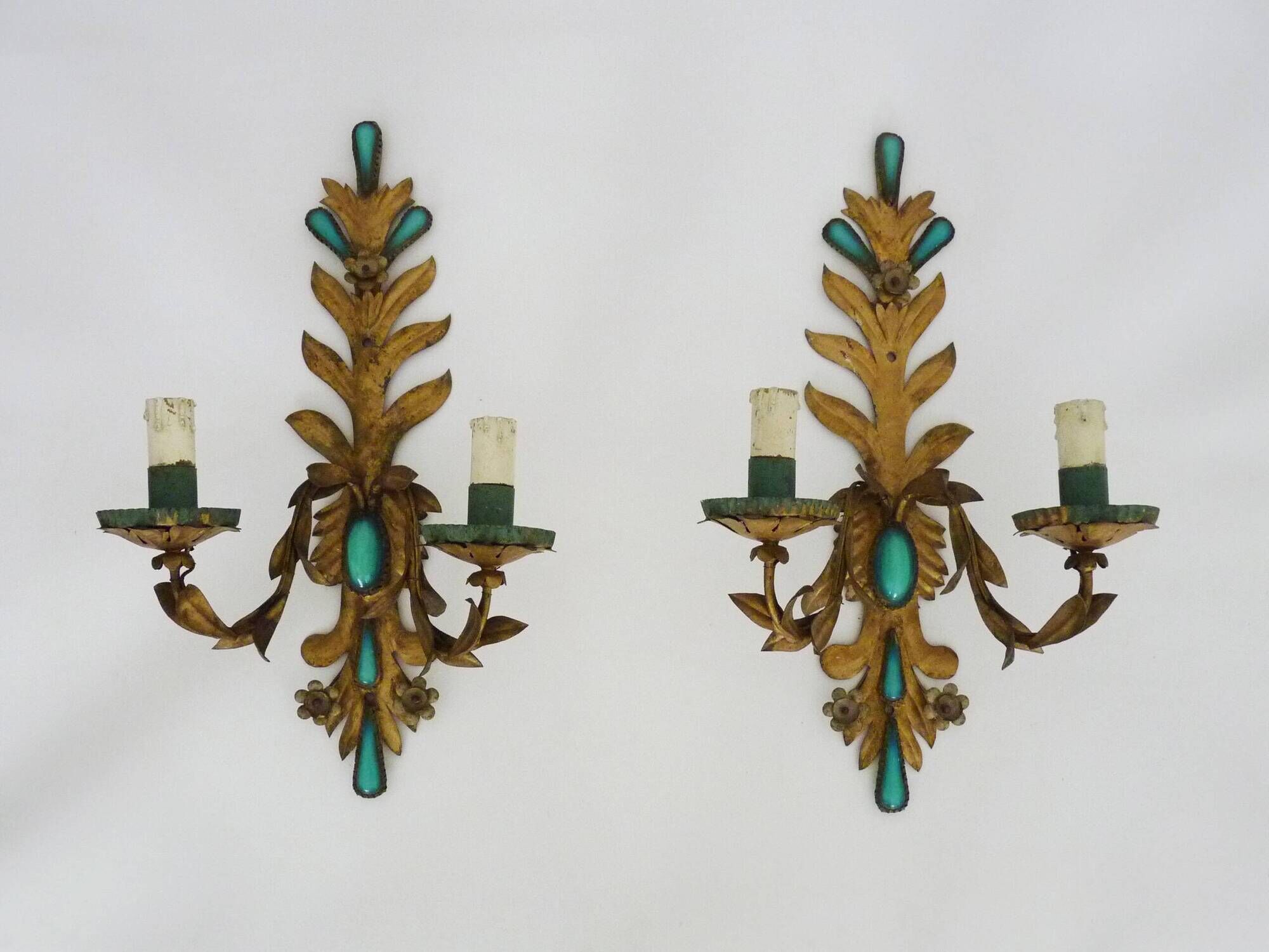 Pair of gold metal wall lights with turquoise glass inlay. 70