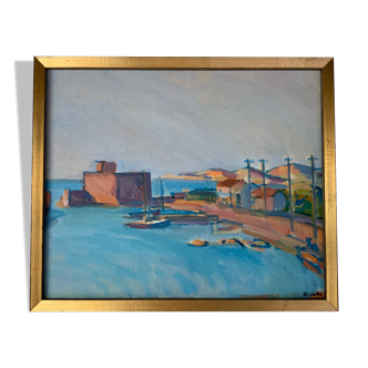 Vintage modernist oil painting mediterranean port seascape 1960-70s