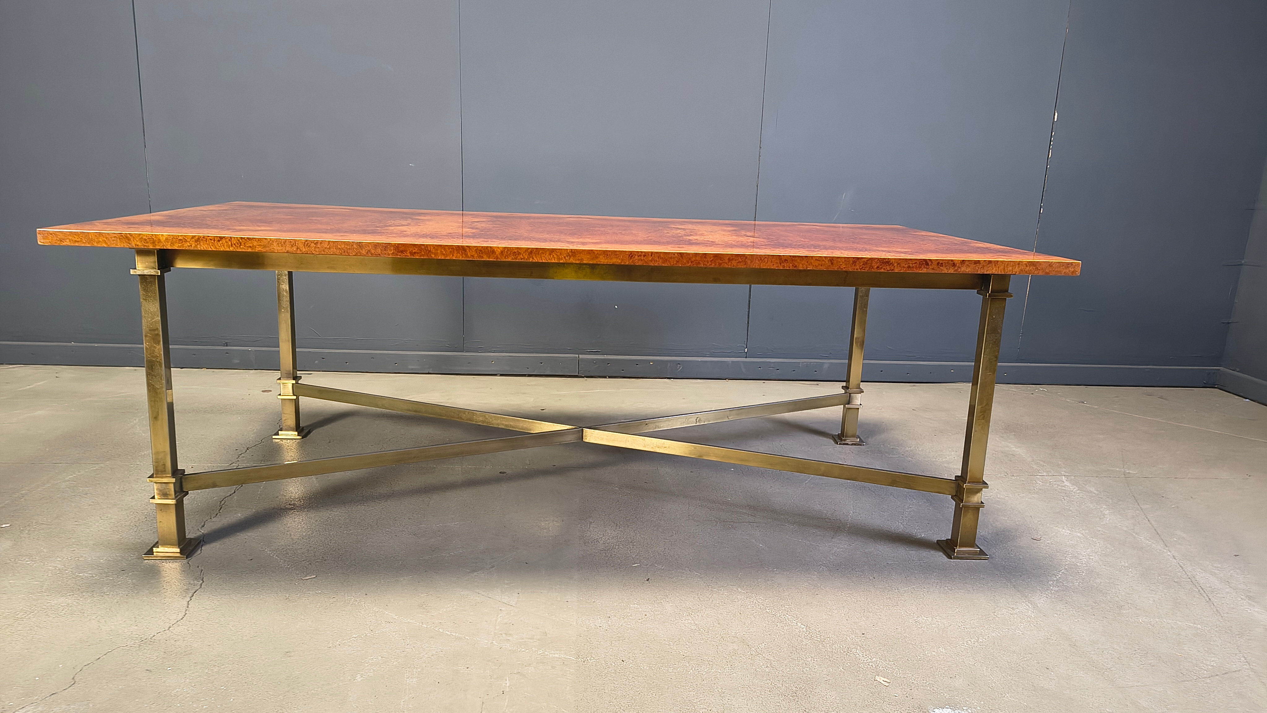 Vintage burl wood and brass dining table by Belgochrom, 1970s