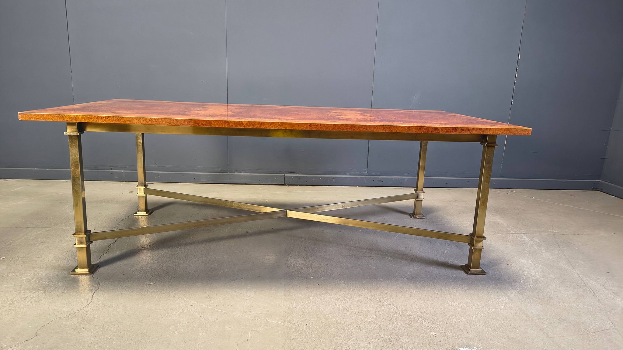 Vintage burl wood and brass dining table by Belgochrom, 1970s