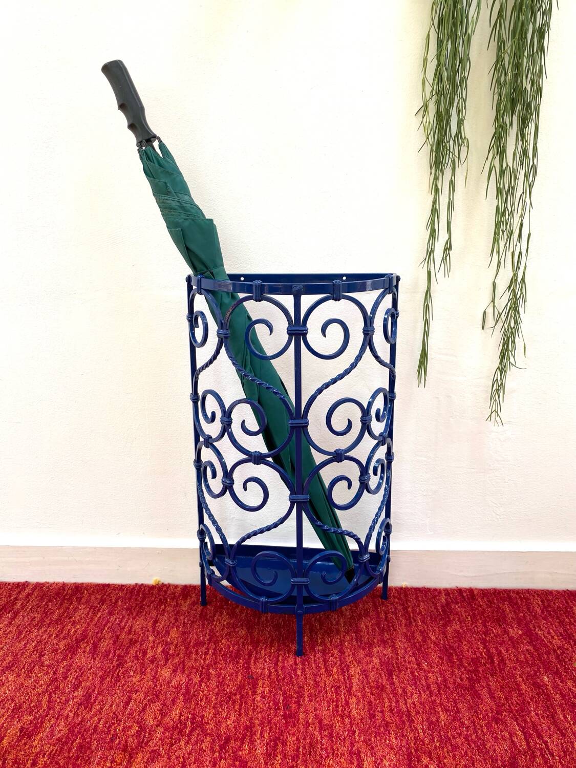 Blue wrought iron umbrella stand from the 70s