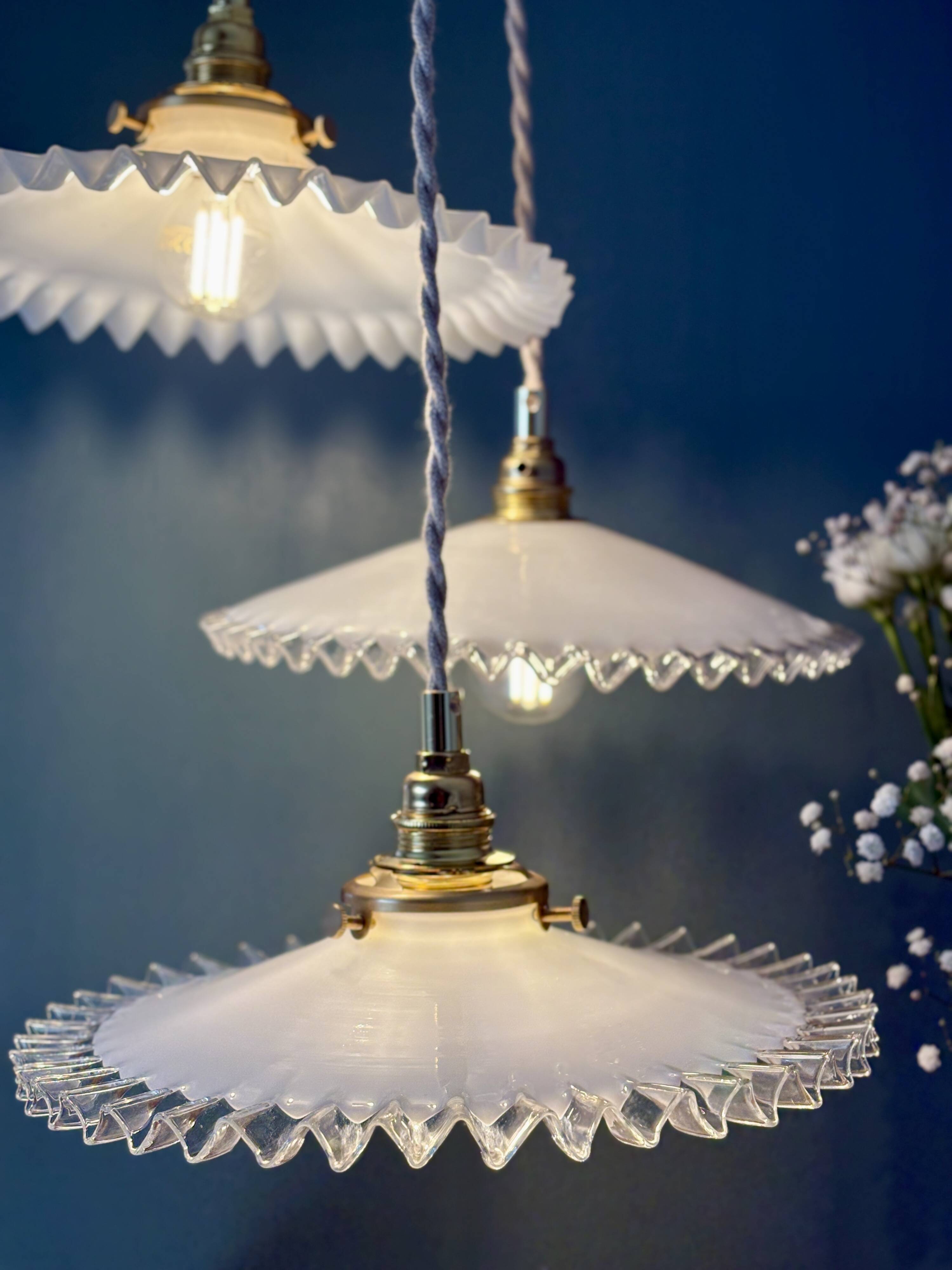 Vintage triple pendant lamp in white opaline