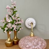 Elbow wall light, vintage glass lampshade from Clichy in pink.