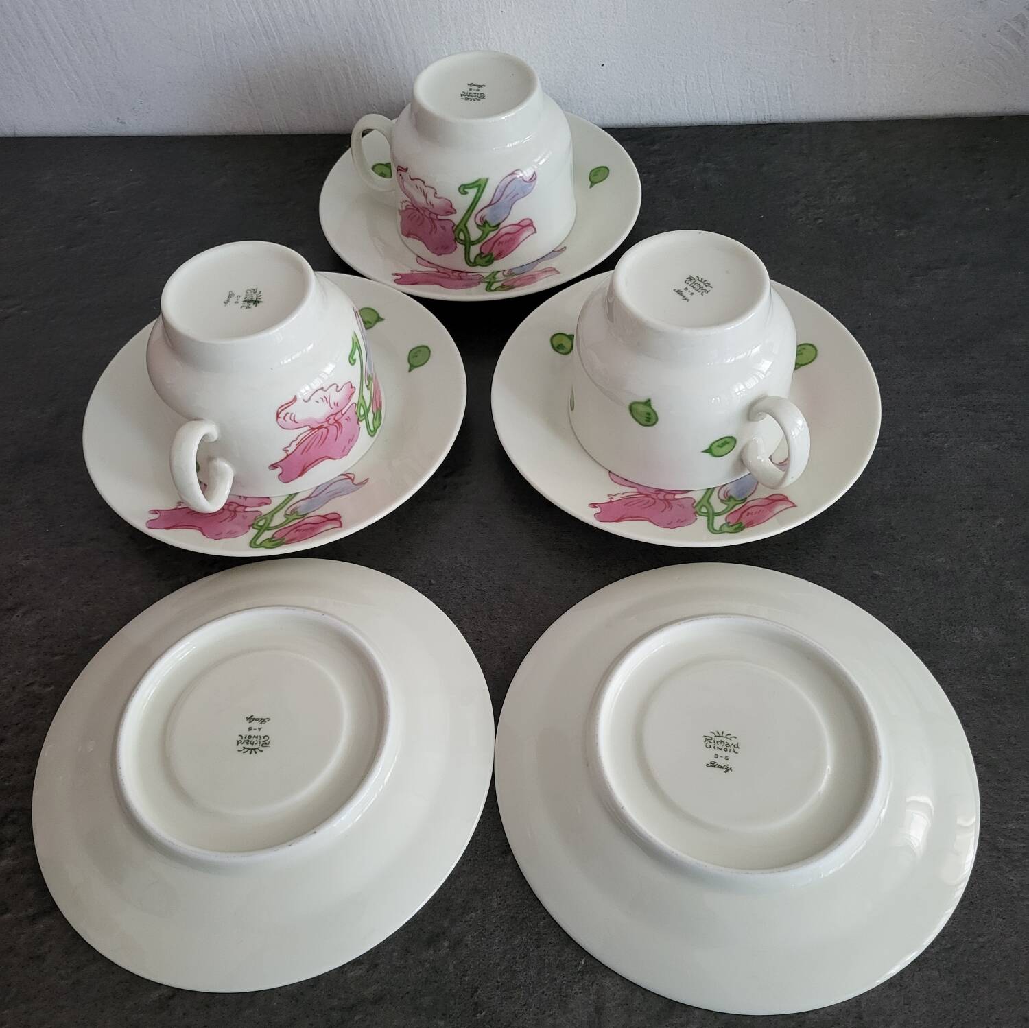 3 tasses et 5 sous-tasses vintage Richard Ginori motif sweet pea en ex