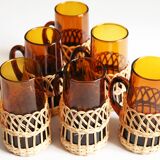 6 amber glasses wrapped in rattan Circa 60/70 Vintage