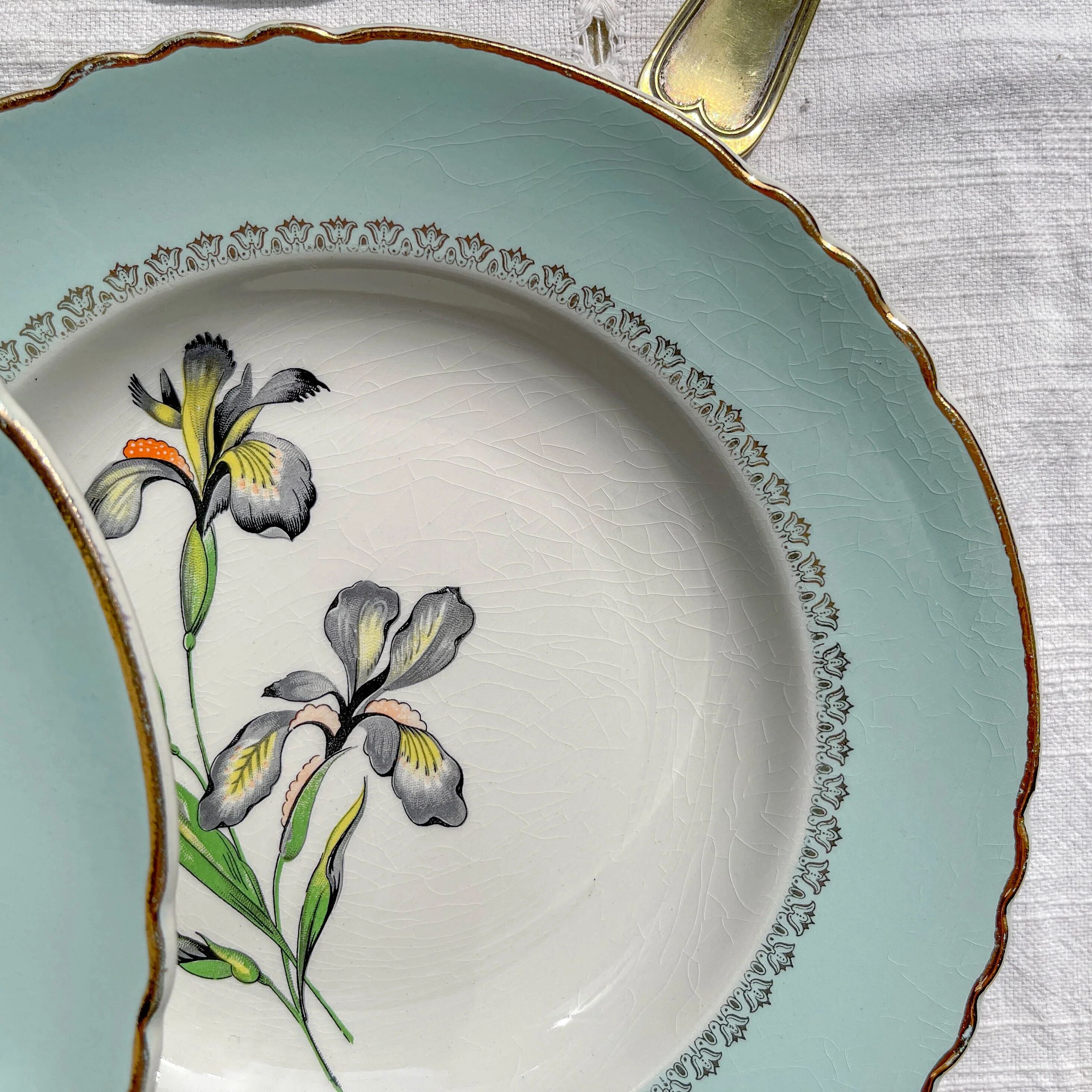 6 vintage white and green porcelain soup plates Iris Moulin des Loups "Sargosse" 1950s