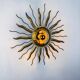 Brutalist sunburst ceiling light – gilt iron rays & exposed bulb, France, 1960s