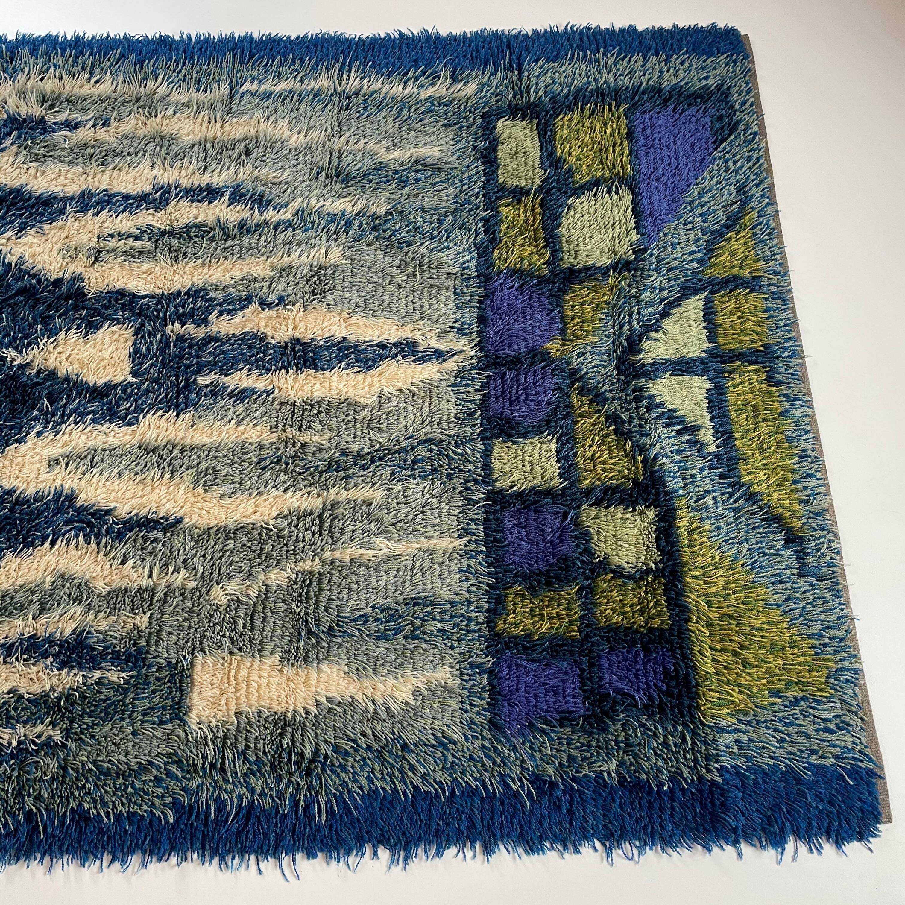 Abstract Scandinavian Multicolor High Pile Rya Rug Carpet, Sweden, 1960s