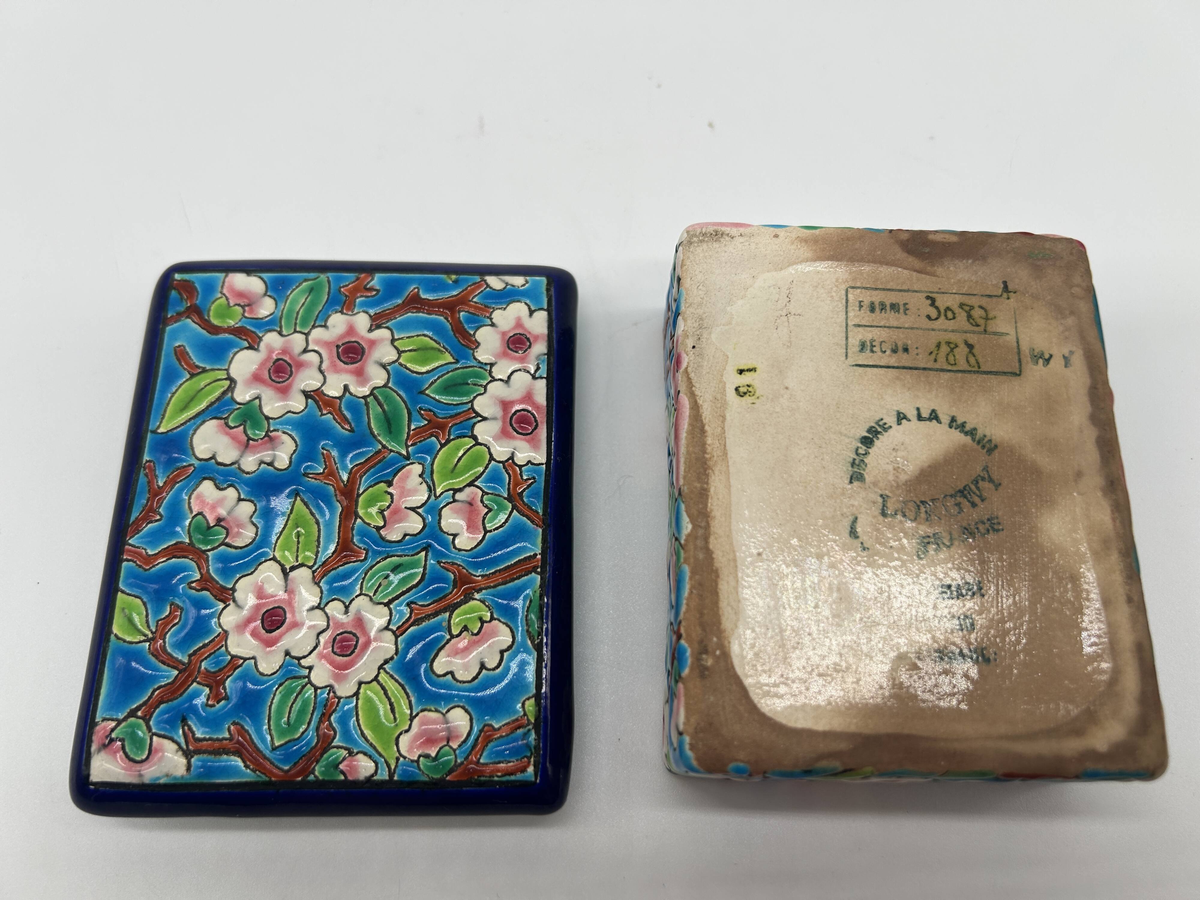 Bonbonnière in faience and Longwy enamels