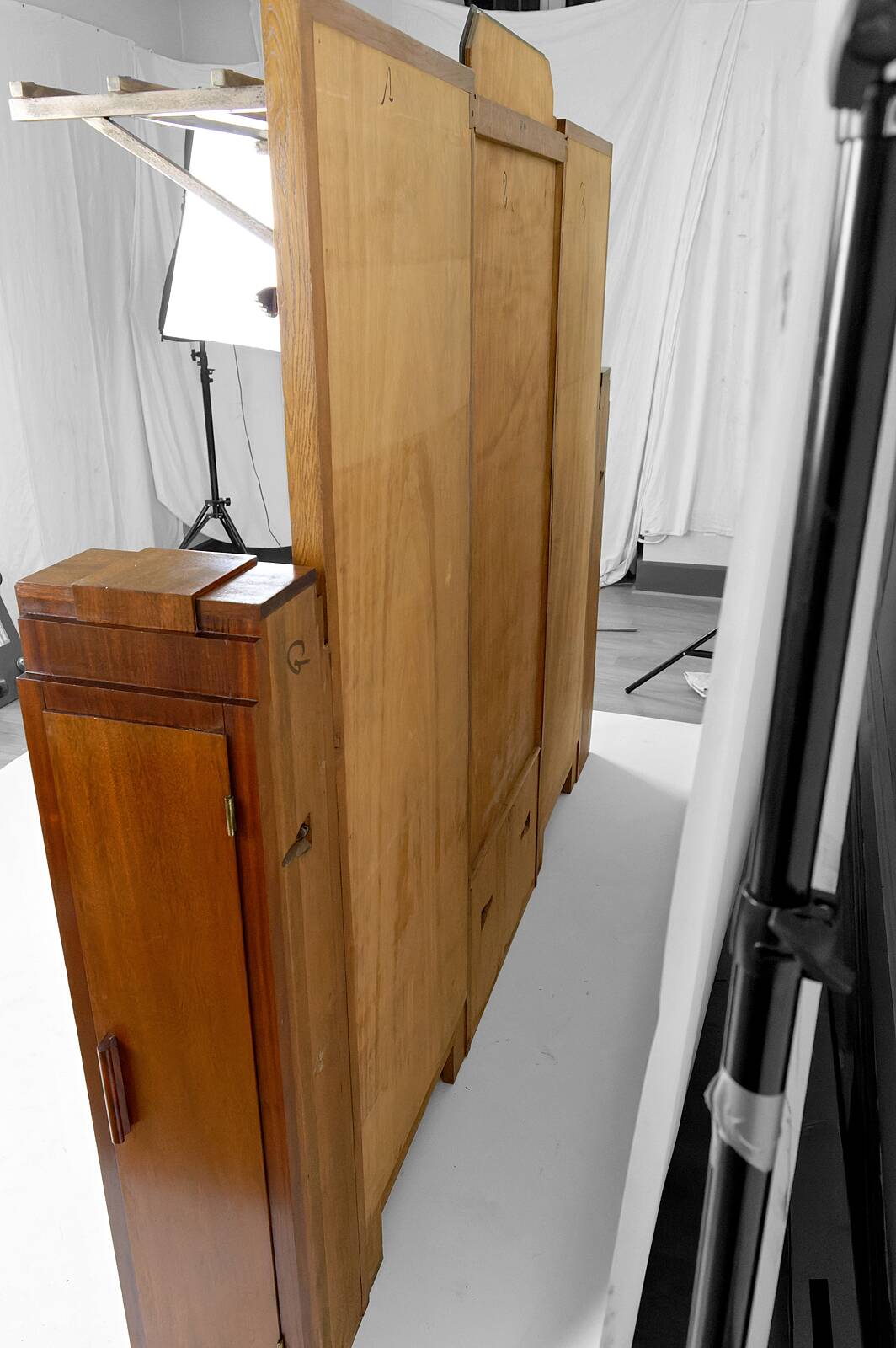 Large Art Deco wardrobe in oak, marble and mahogany, circa 1925