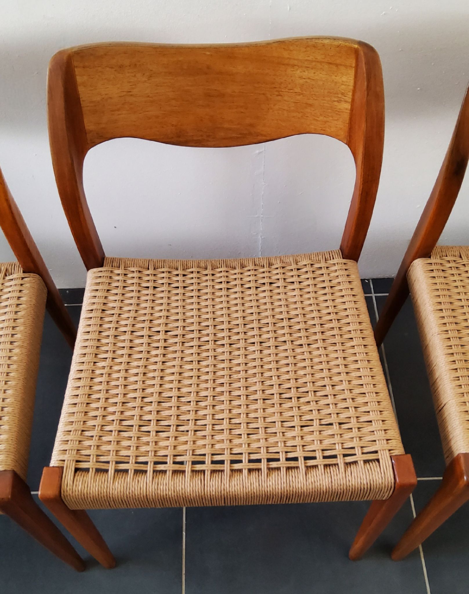 4 Scandinavian chairs by Niels Otto Møller, Danish design, 1950s, wood and rope