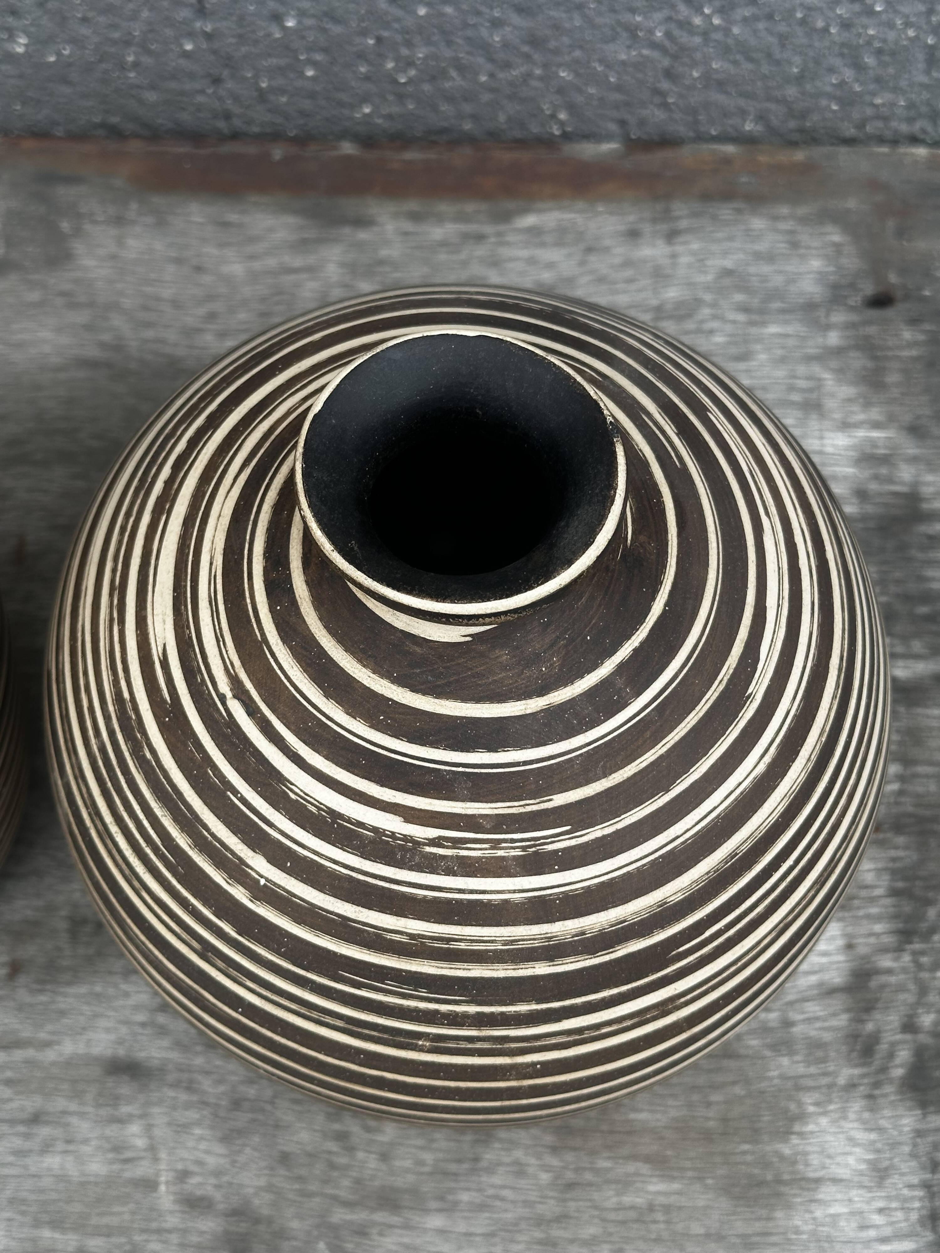 Two Vintage Ethnic Ceramic Vases in Cream and Brown Striped