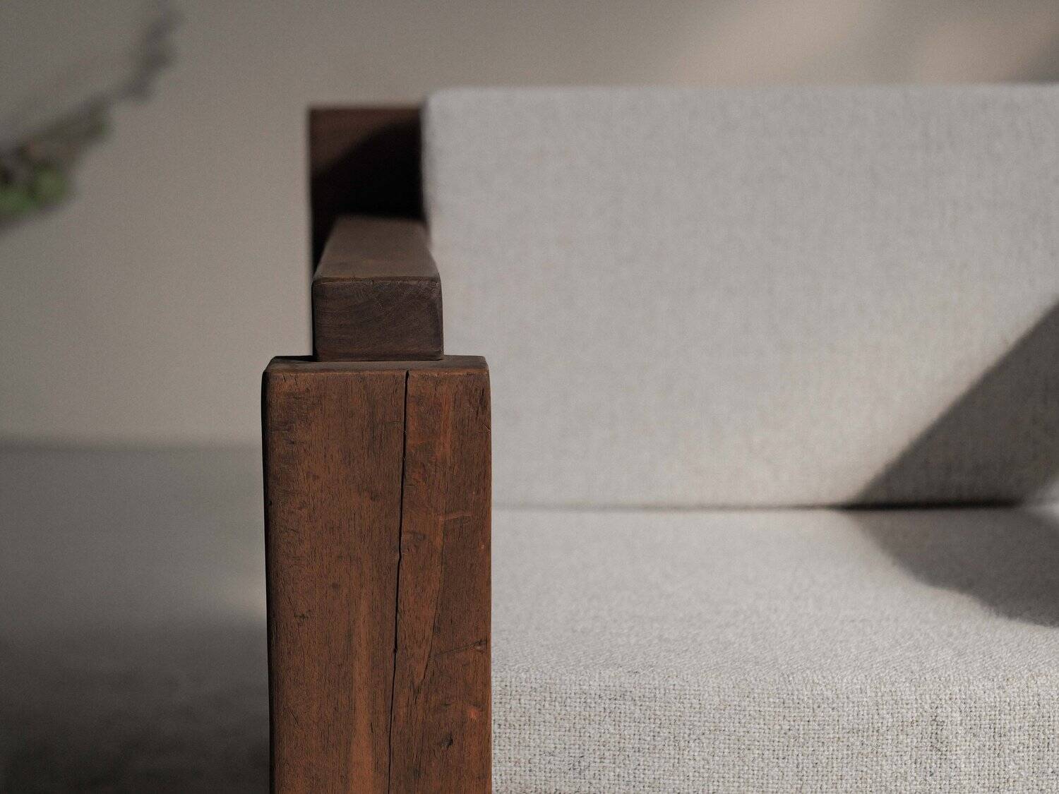 Handcrafted armchair in solid wood and fabric, 1980s-90s.
