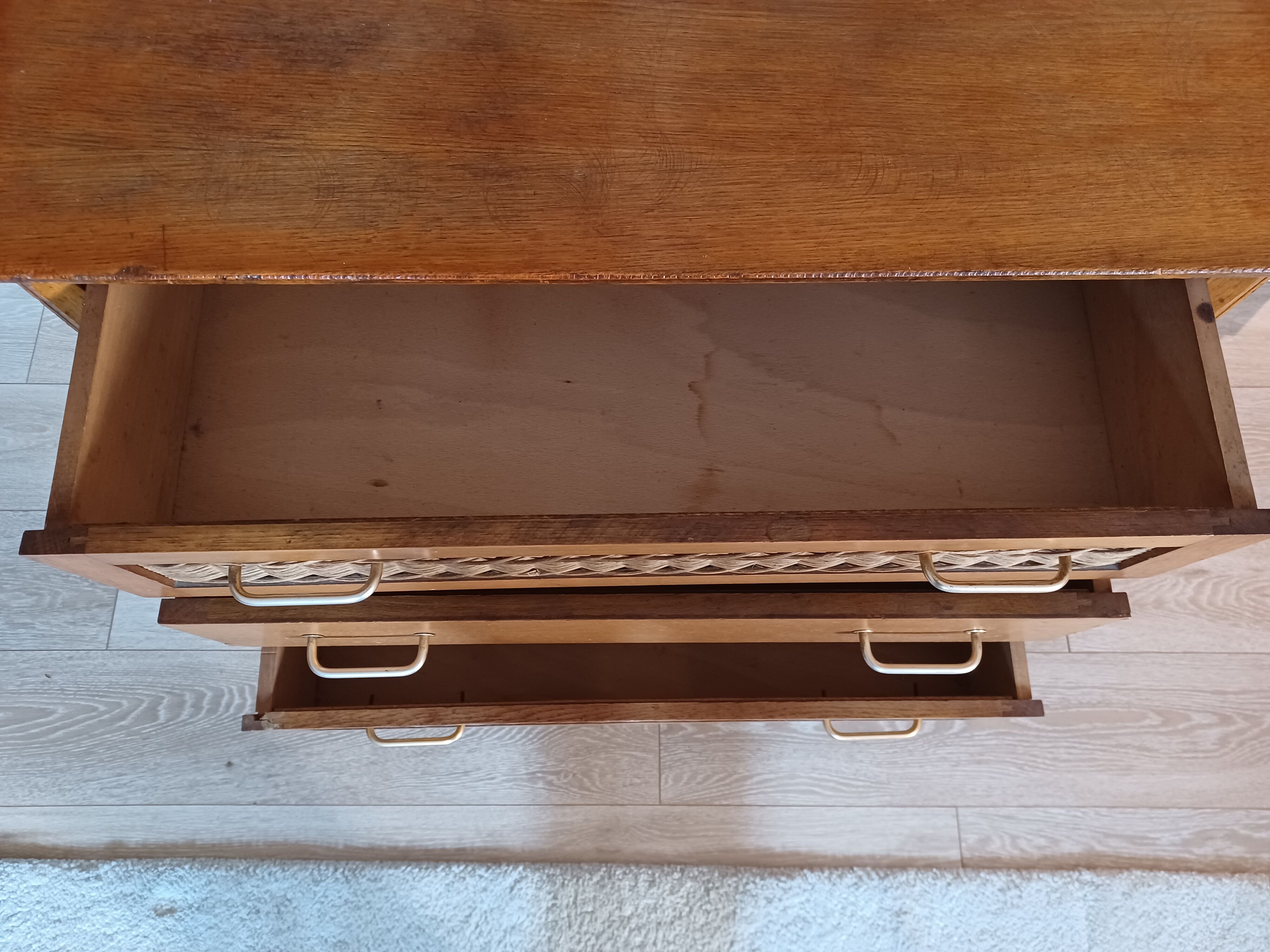 Commode bois et rotin vintage années 50