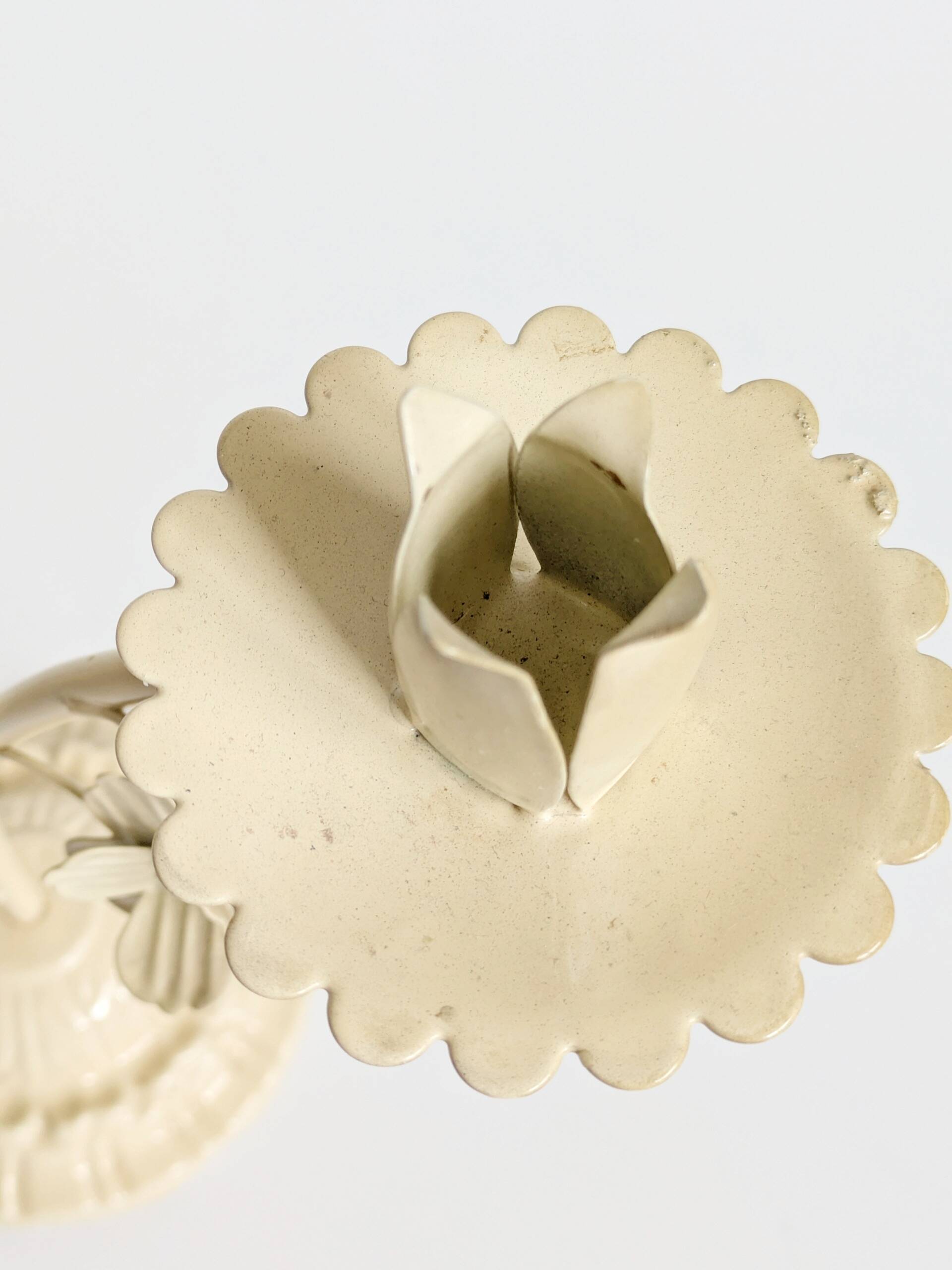 Vintage Italian white painted cast iron candlestick, floral motif, 1970s