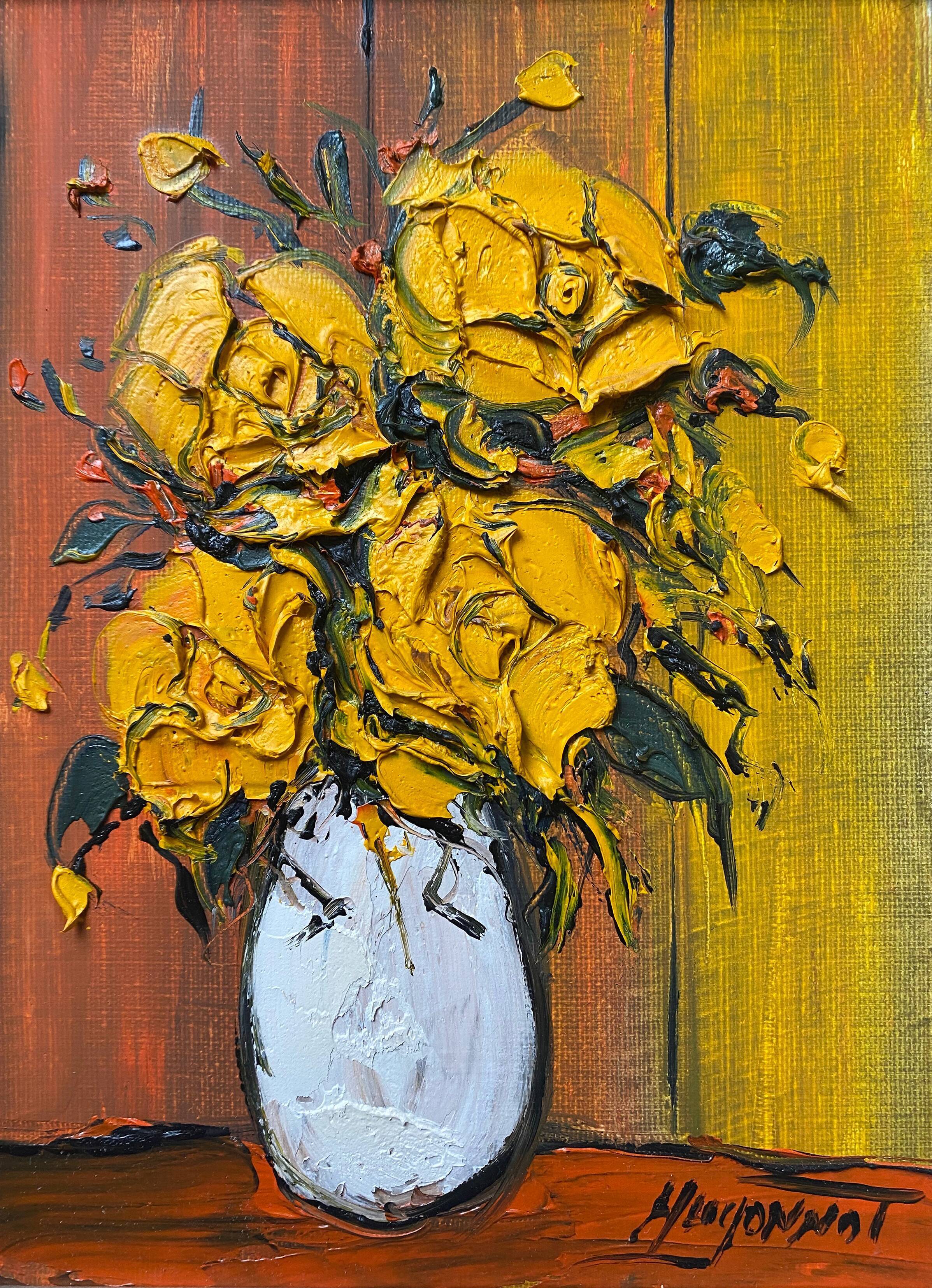 Painting "Bouquet of yellow roses" by Patrick HUGONNOT (1963) + frame