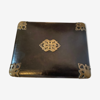 Antique leather and upholstered brass jewelry box