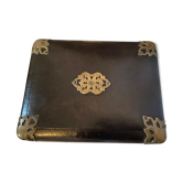Antique leather and upholstered brass jewelry box