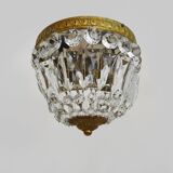 Old crown ceiling light with 2 bulbs, half basket with glass pendants.