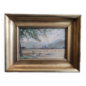 French vintage oil painting of Pau, signed, 1924