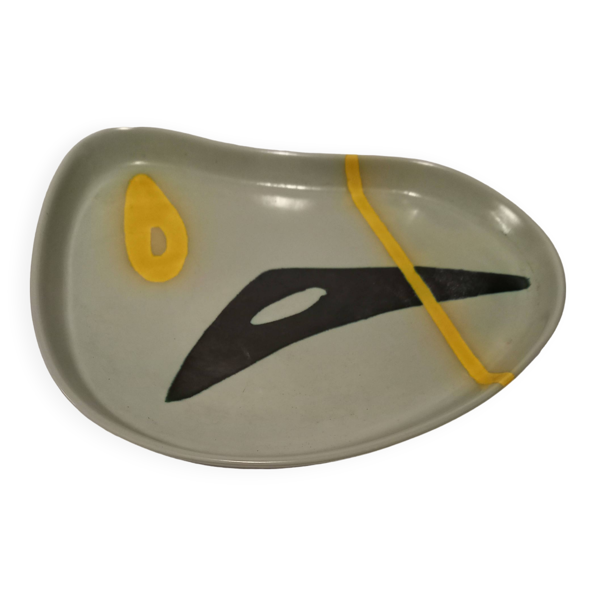 Ceramic dish by Peter Orlando, free form with abstract decoration, 1950s