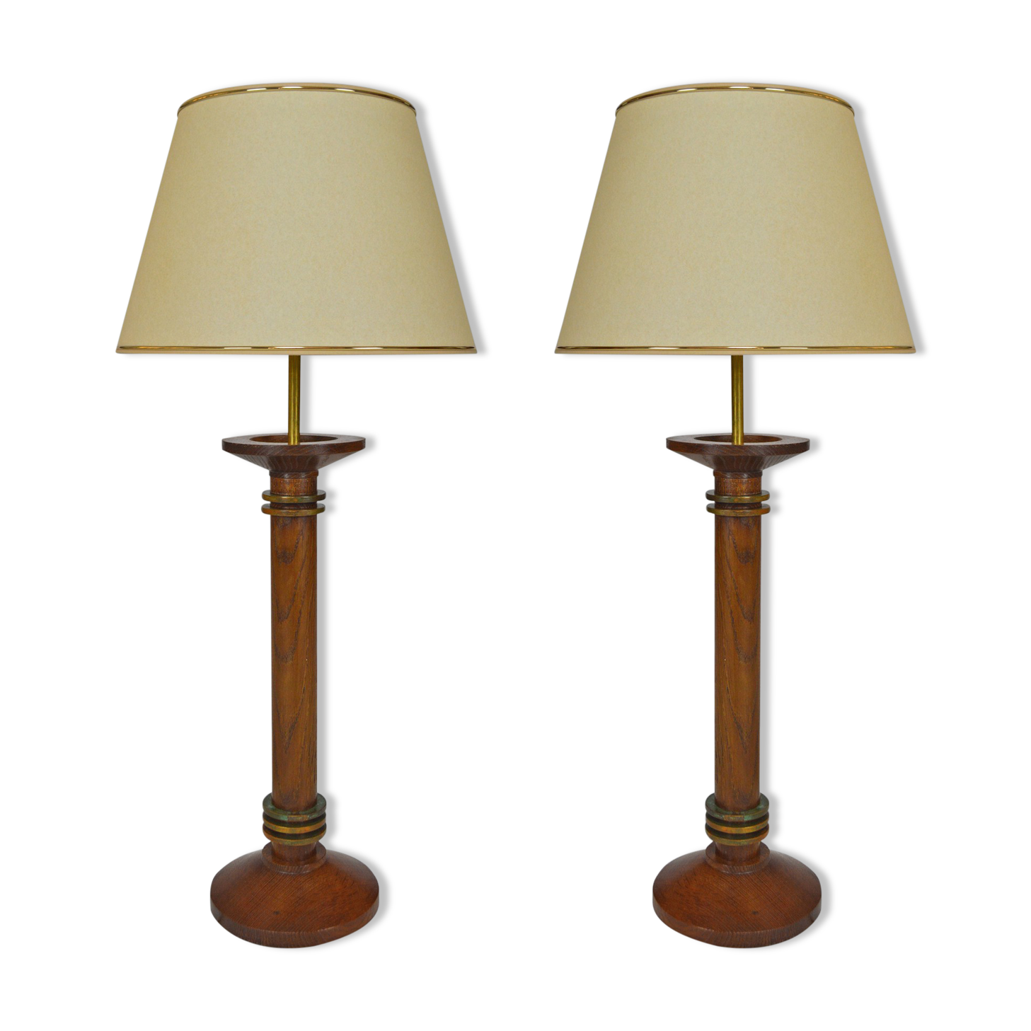Pair of art deco lamps in wood and patinated bronze around 1930