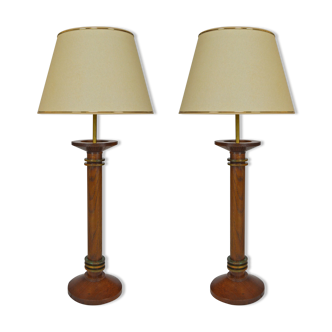 Pair of art deco lamps in wood and patinated bronze around 1930