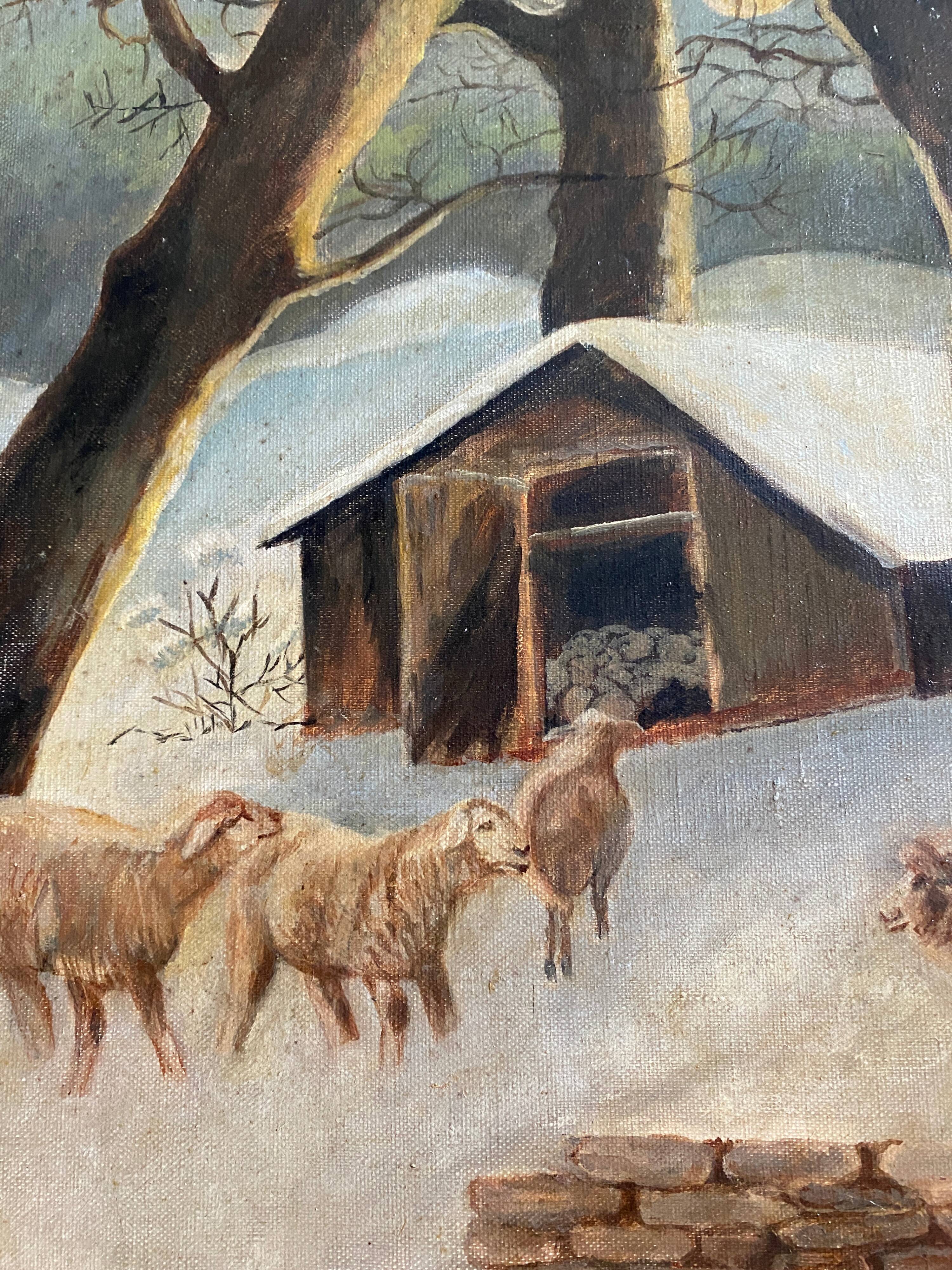 Painting "The sheepfold in winter" signed mid-XX° Sheep