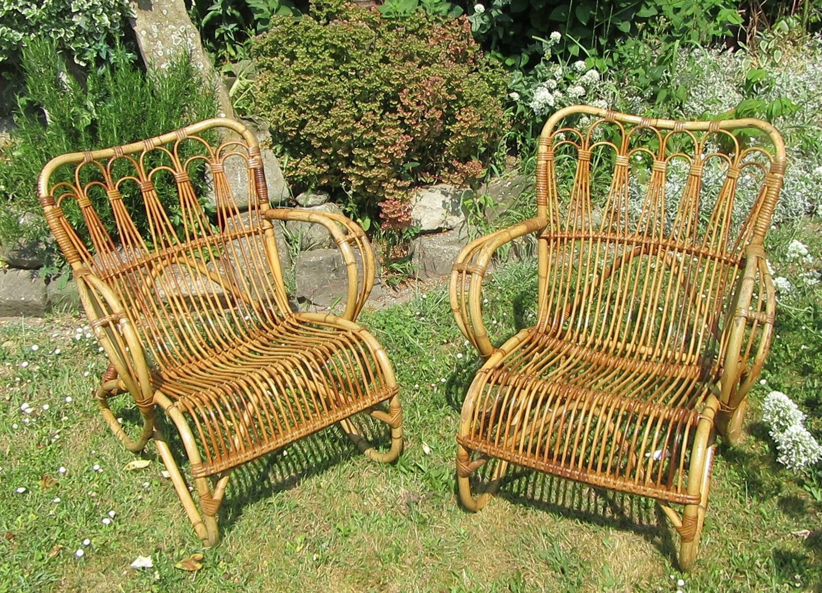 Pair vintage rattan armchairs