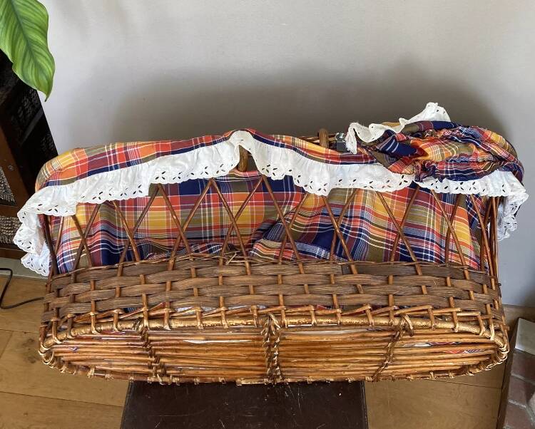 1970s wicker rattan portable bassinet cradle complete with bedding