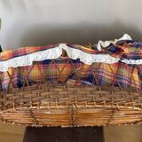 1970s wicker rattan portable bassinet cradle complete with bedding
