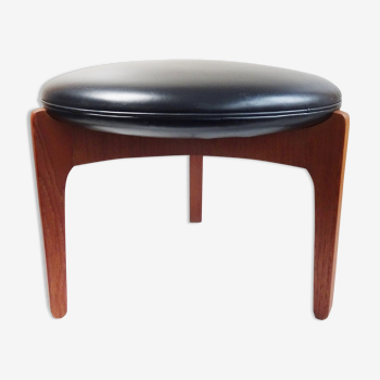 Teak stool by Sven Ellekaer for Christian Linneberg with black leather upholstery, Denmark 1960s