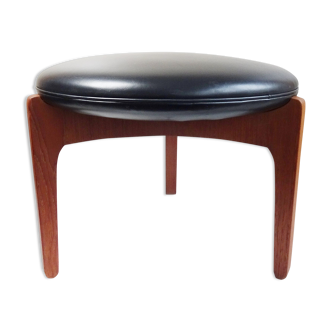 Tabouret en teck par Sven Ellekaer pour Christian Linneberg avec sellerie en cuir noir, Danemark Années 1960