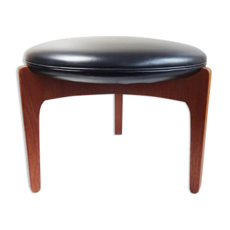 Teak stool by Sven Ellekaer for Christian Linneberg with black leather upholstery, Denmark 1960s