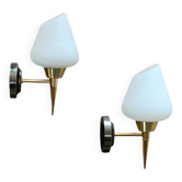 Pair of vintage wall sconces in gold metal with opaline glass tulips.