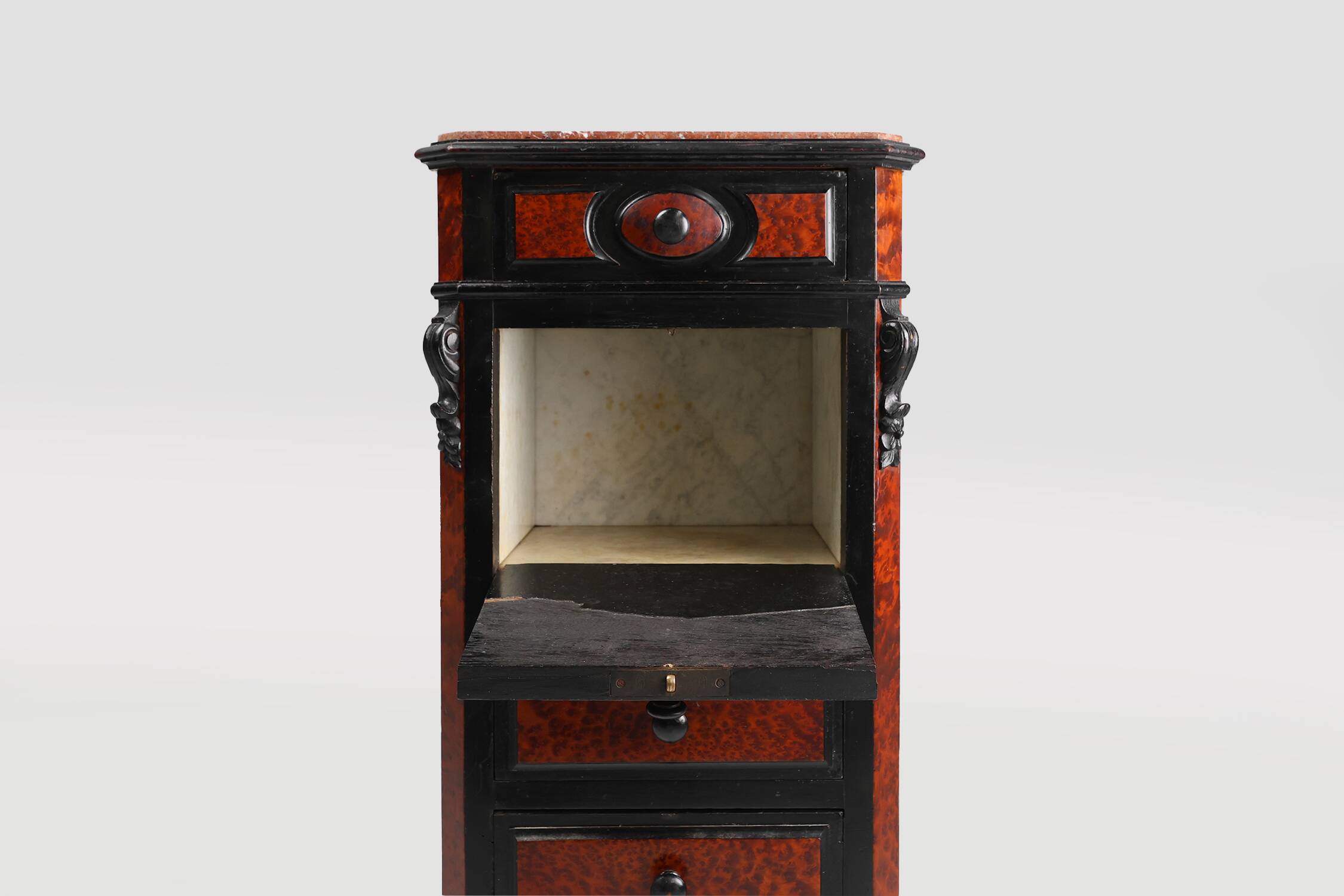 Rare Antique French chest of drawers in wood, burl veneer and marble, ca. 1