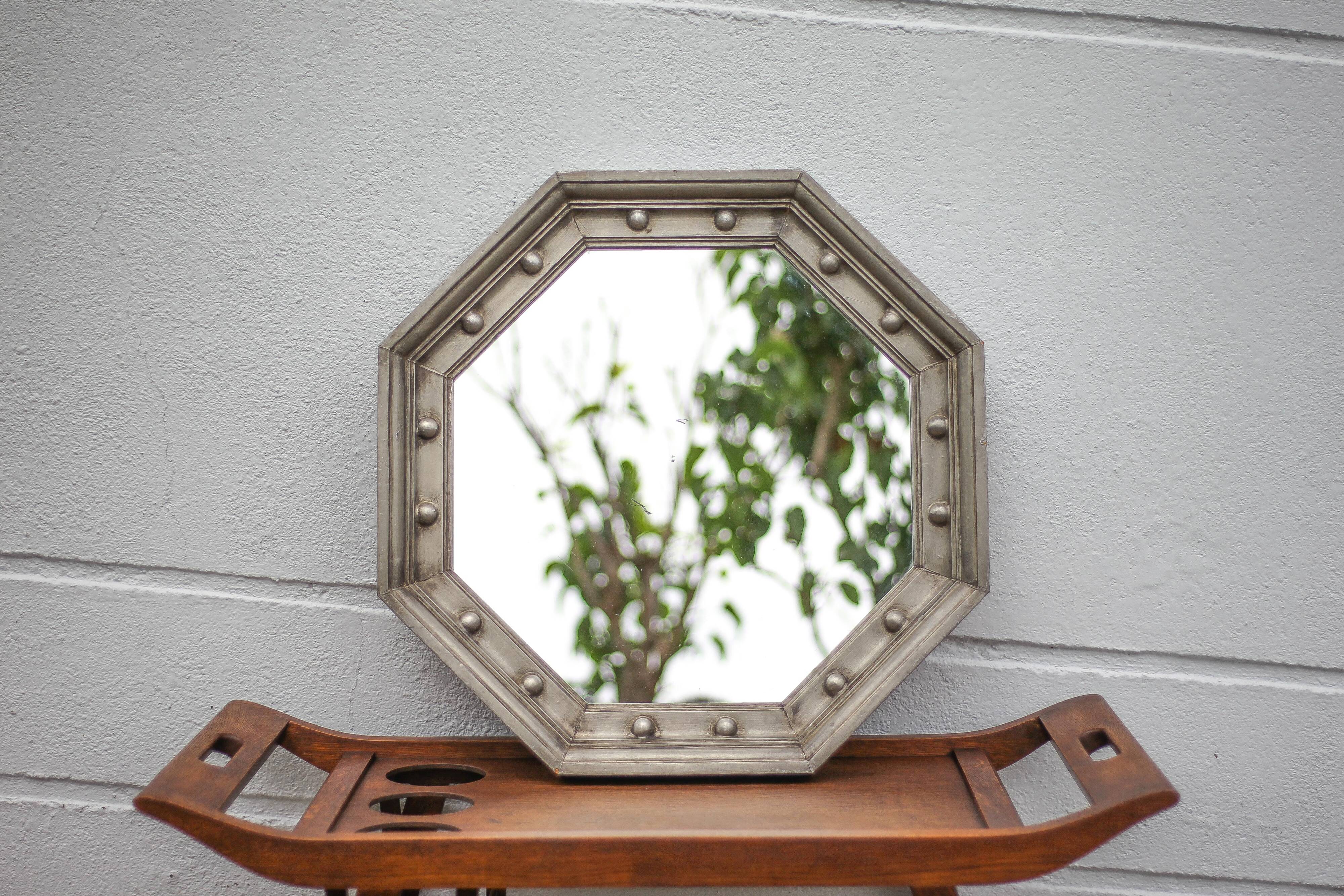 Vintage mirror, wooden mirror covered with tin, tin mirror from the 60s