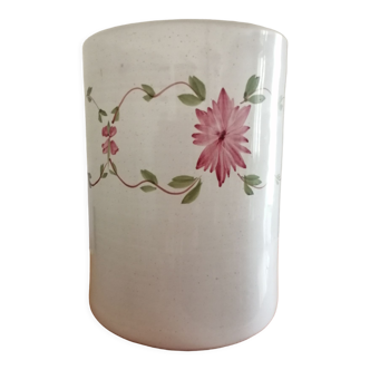 Clay and white enameled utensil pot with pink flowers handmade at Nemy pottery (85)