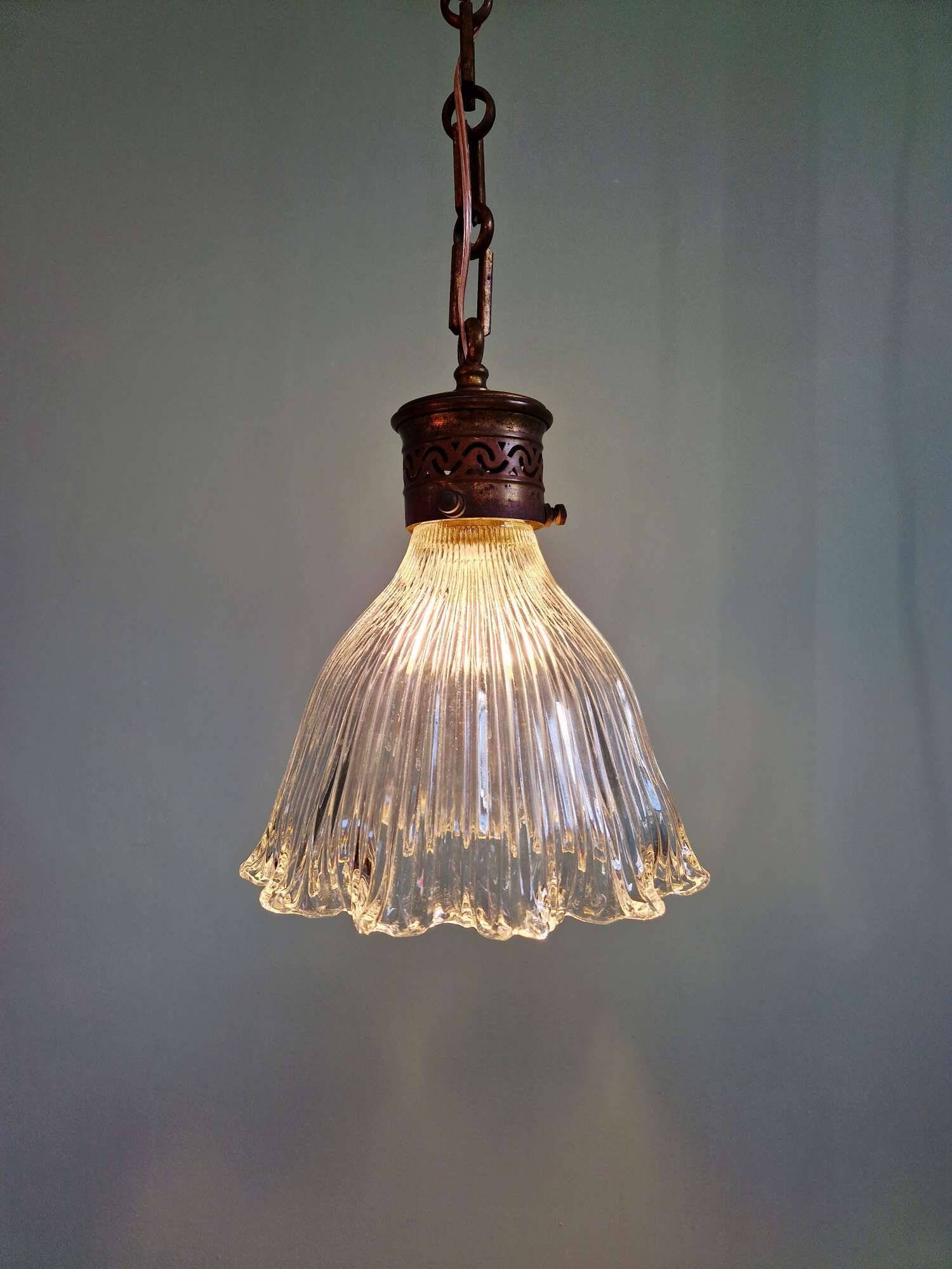 Art Deco Holophane pendant light in clear grooved glass, 1920-30