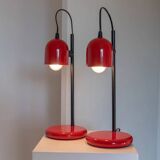 Set of 2 red metal table lamps with black stems, Memphis-Postmodern Italy 1980s