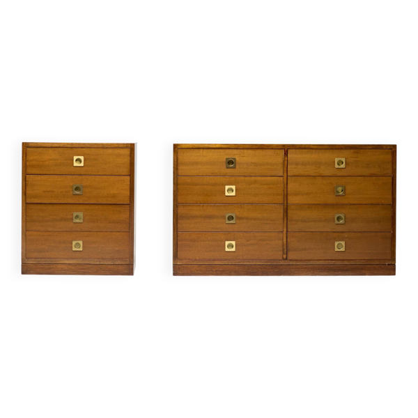 Paire de commodes modernistes en noyer et laiton, Italie, 1965