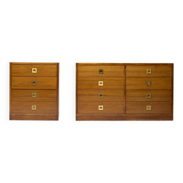 Paire de commodes modernistes en noyer et laiton, Italie, 1965