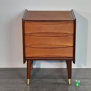 Norwegian bedside table with 3 drawers, teak and brass clogs