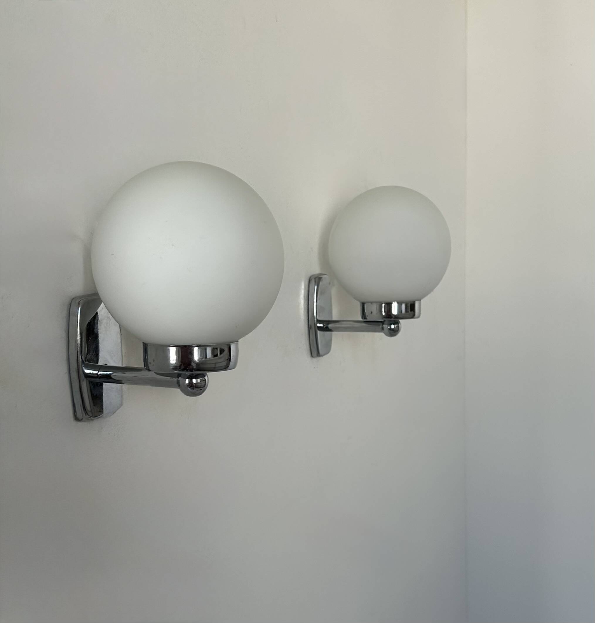Pair of vintage wall lights, chrome and opaline, France 1970