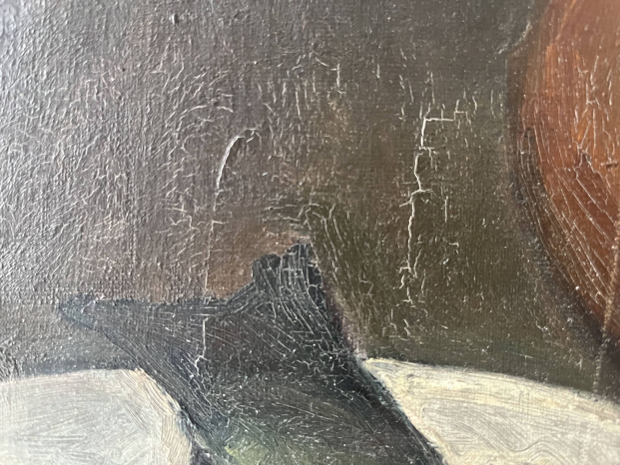Oil on canvas still life with fish from the 1920s, antique painting.