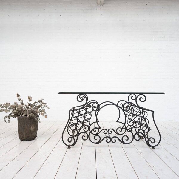 Table console en fer forgé et verre provençal, 1950