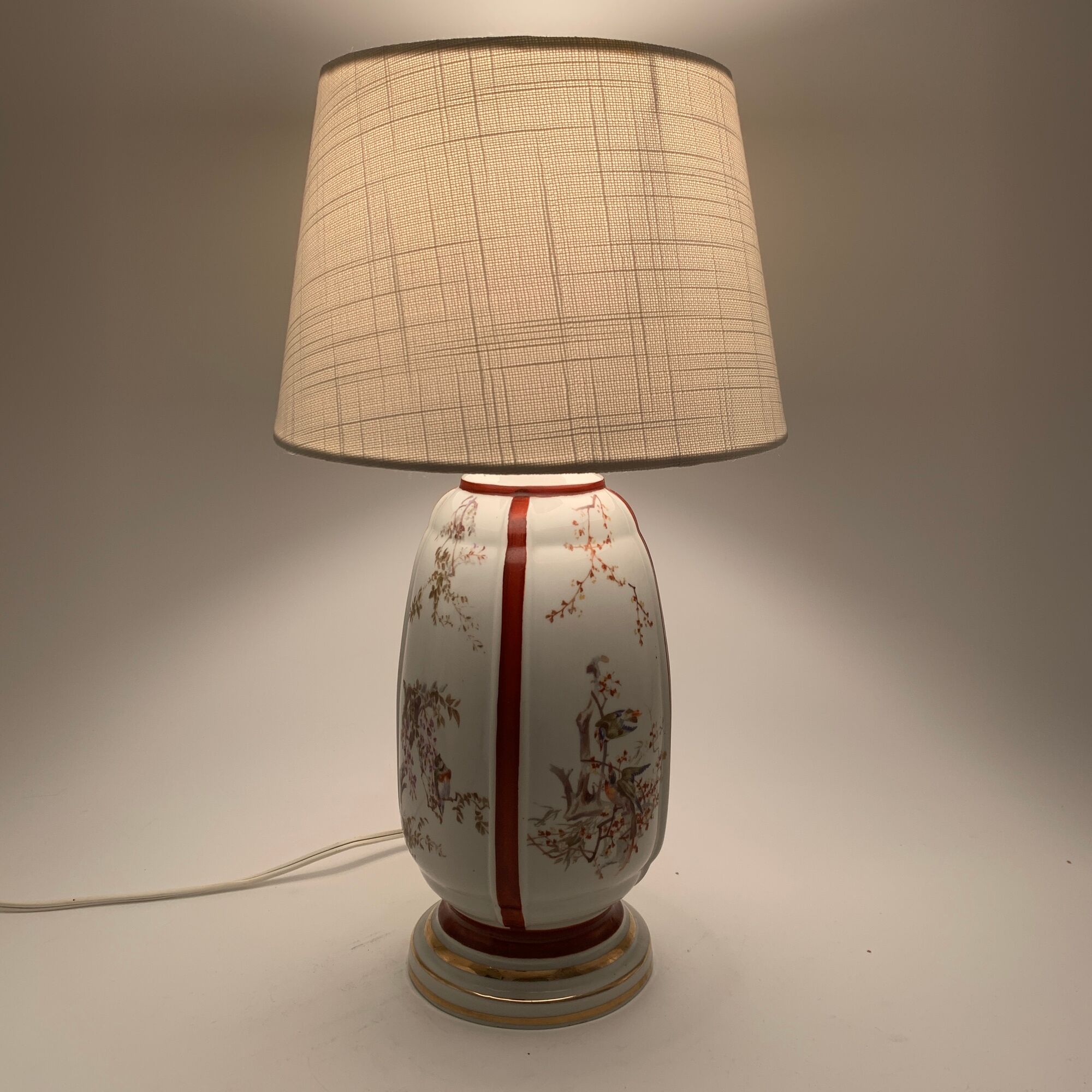 Foot antique porcelain lamp has early 20th century bird decoration (Limoges Paris?)