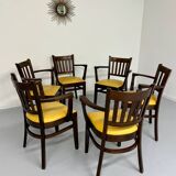 Lot de 6 chaises bistrot fauteuils en bois et simili jaune vintage année 80