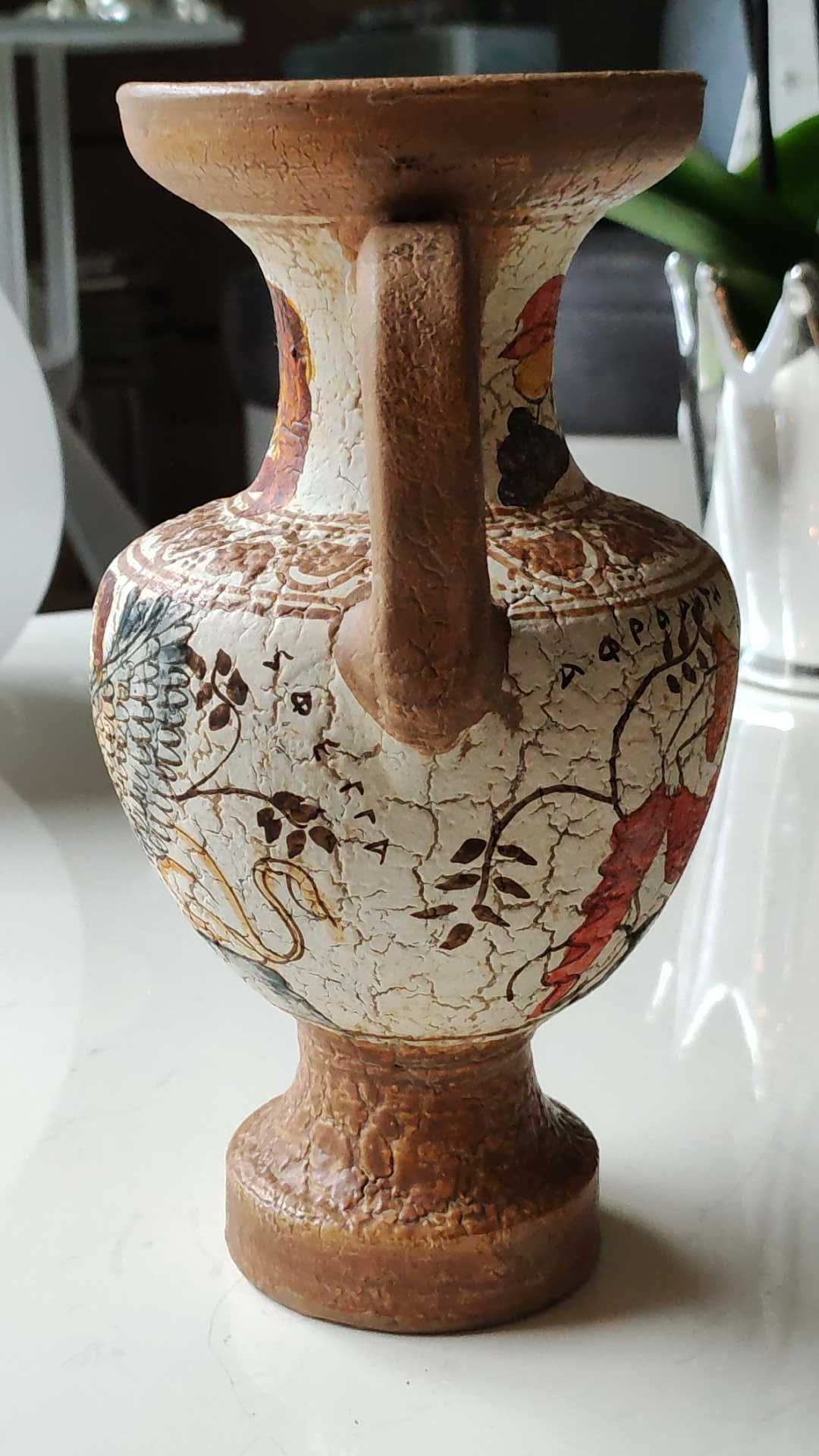Reproduction Greek Amphora vase in terracotta, cracked effect - Greek Gods/Deities. Signed